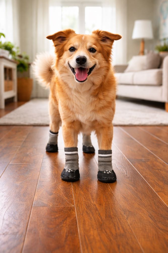 Dog wearing non-slip paw protectors standing on hardwood floor.