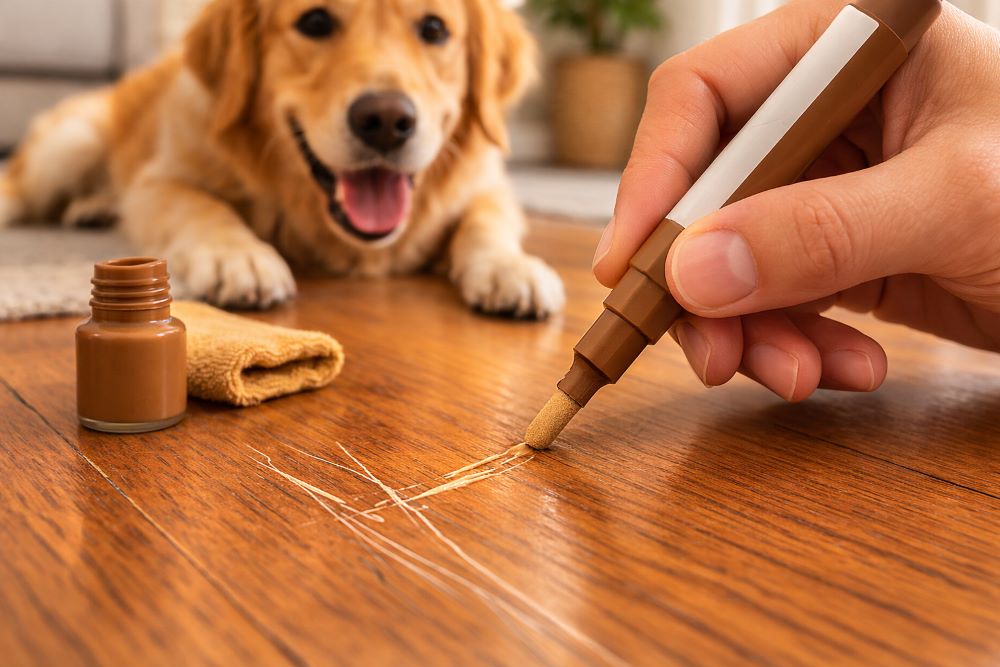 Repairing light scratches on hardwood floor with a wood marker while dog watches.