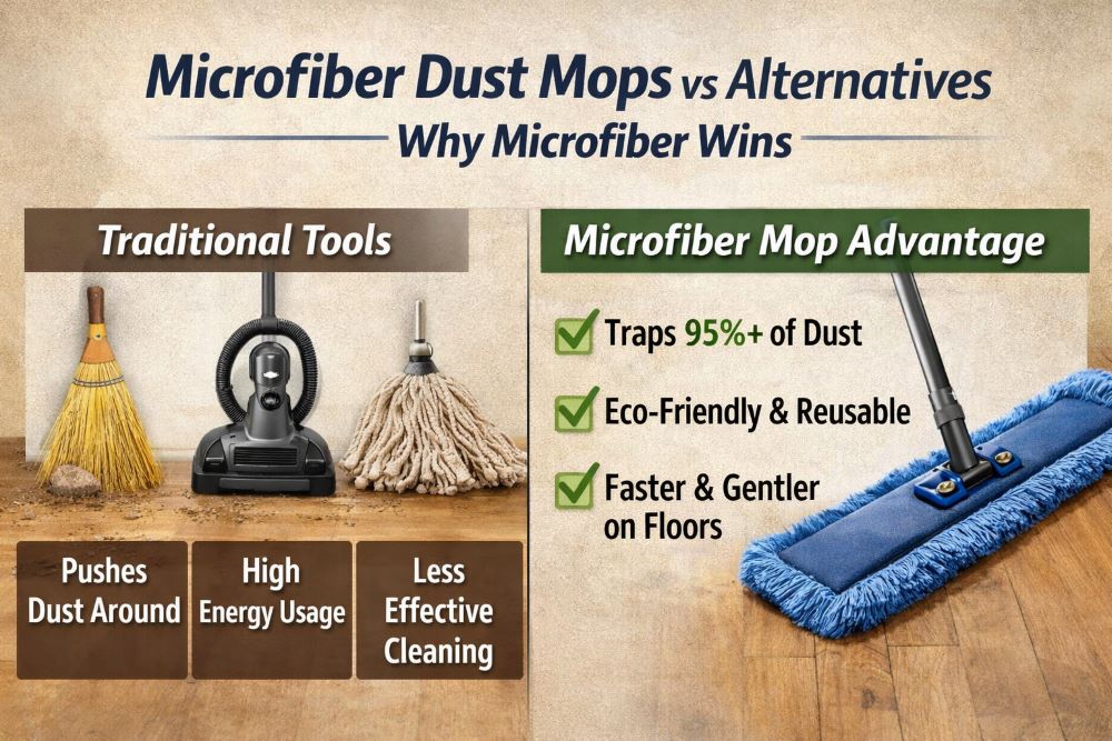 Microfiber dust mop vs traditional broom vacuum and cotton mop comparison infographic
