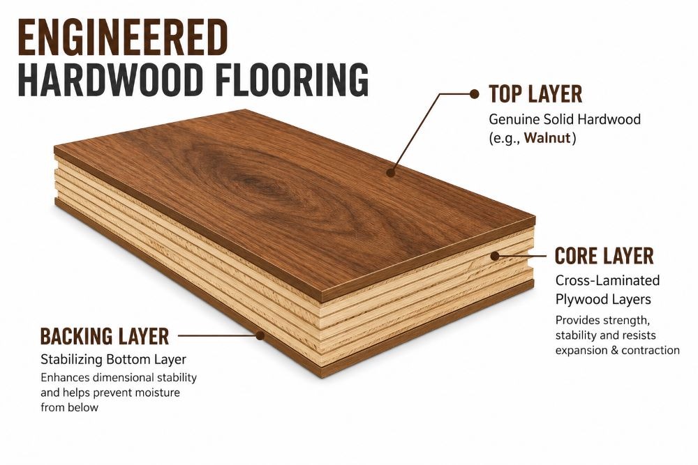 Engineered hardwood flooring with a real wood top, strong plywood core, and backing layer for extra stability and moisture protection. 