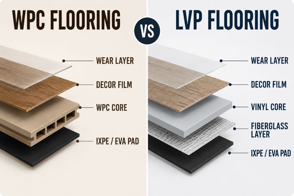 WPC vs LVP flooring structure comparison showing layered construction design and core differences. 