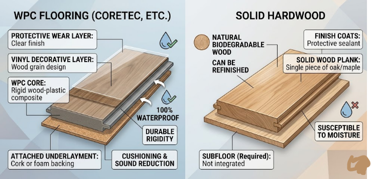A clear side-by-side diagram comparing a multi-layered WPC vinyl flooring plank to a single-piece solid hardwood plank. 