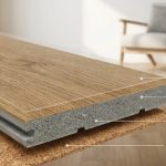 A 3D cross-section of a realistic wood-look vinyl plank floating above a modern living room background, clearly labeled with its four main structural layers.